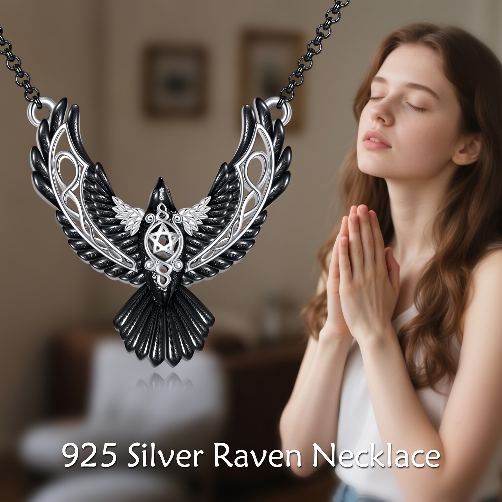 S925 Sterling Silver Raven Pendant Necklace, Gothic Gift
